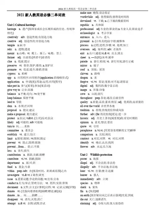 2021新人教版高一英语必修二单词表