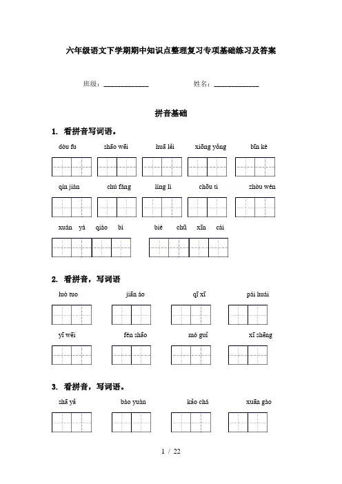 六年级语文下学期期中知识点整理复习专项基础练习及答案