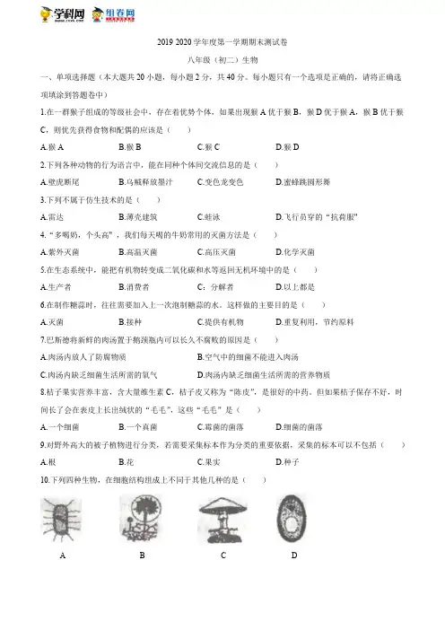 江西省南昌市2019-2020学年八年级第一学期期末考试生物试题