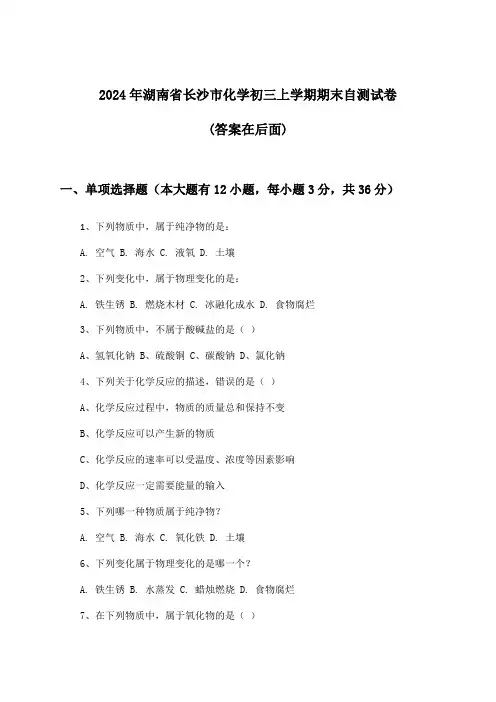 2024年湖南省长沙市初三上学期期末化学试卷及解答参考