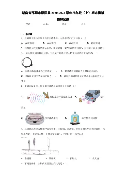 湖南省邵阳市邵阳县2020-2021学年八年级(上)期末模拟物理试题