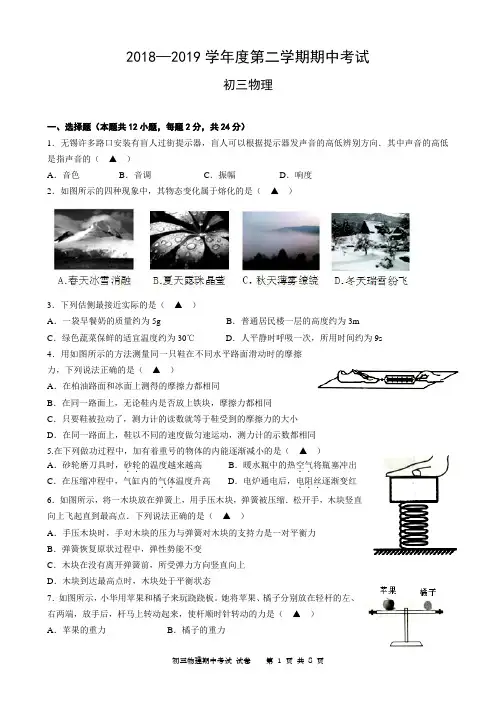 2018—2019学年度第二学期期中考试九年级物理(附参考答案)