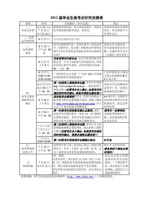2012届毕业生高考后时间安排表