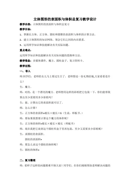 数学人教版六年级下册立体图形的表面积与体积总复习