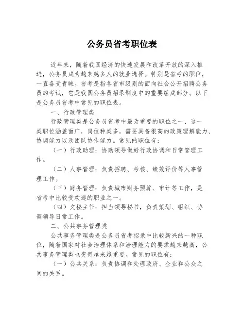 公务员省考职位表