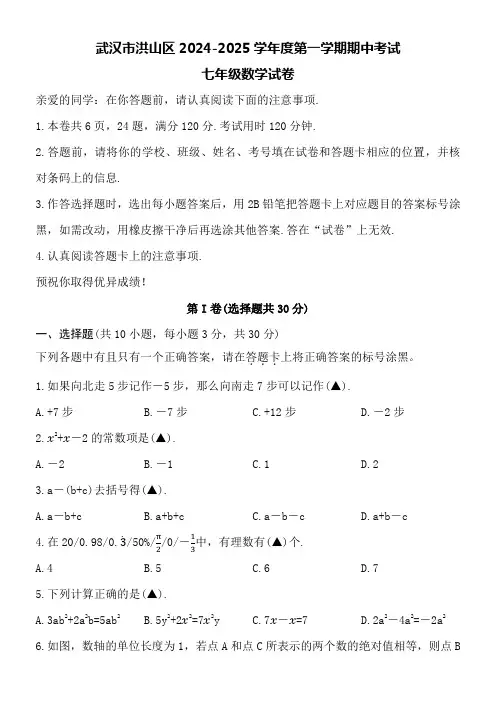 武汉市洪山区2024-2025学年度第一学期期中考试七年级数学试卷附参考答案