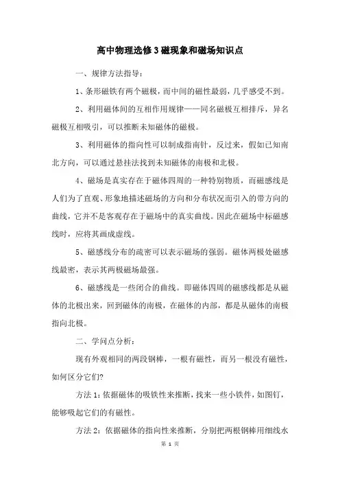 高中物理选修3磁现象和磁场知识点