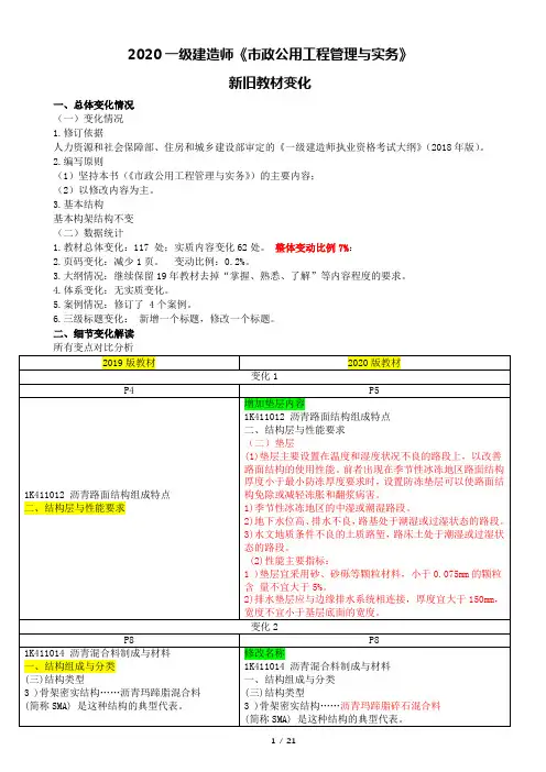 2020年一级建造师市政公用工程管理与实务教材解读(汇总)新旧教材变化