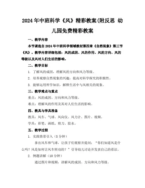 2024年中班科学《风》精彩教案(附反思幼儿园免费精彩教案