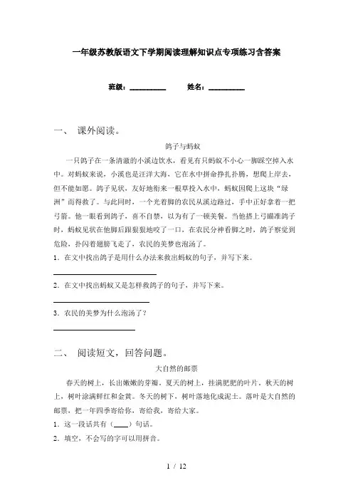 一年级苏教版语文下学期阅读理解知识点专项练习含答案