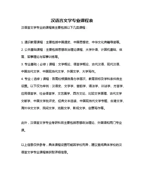 汉语言文学专业课程表