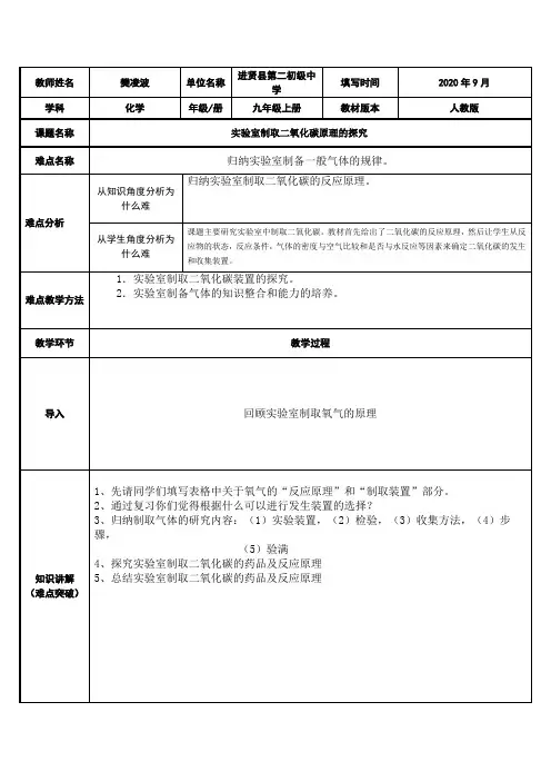 实验室制取二氧化碳原理的探究 初中九年级化学教案教学设计课后反思 人教版
