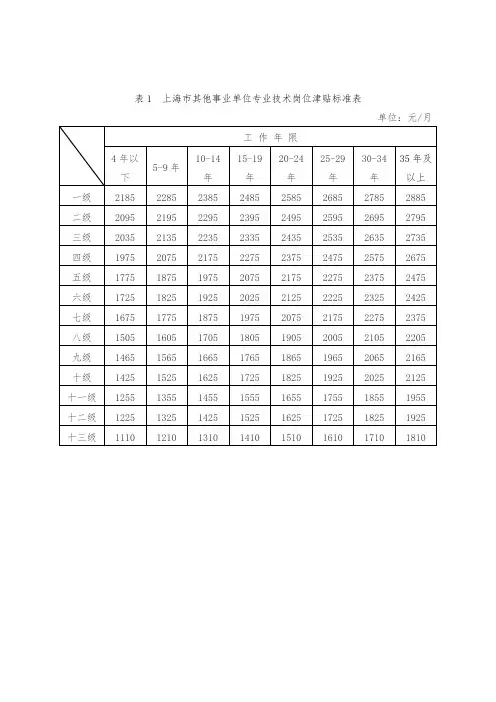 上海市其他事业单位专业技术岗位津贴标准表