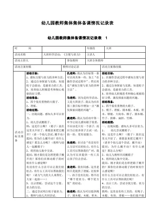 幼儿园教师集体集体备课情况记录表