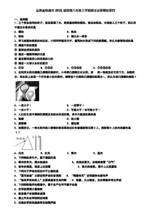 云南省昭通市2021届物理八年级上学期期末试卷模拟卷四