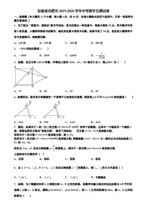 安徽省合肥市2019-2020学年中考数学五模试卷含解析