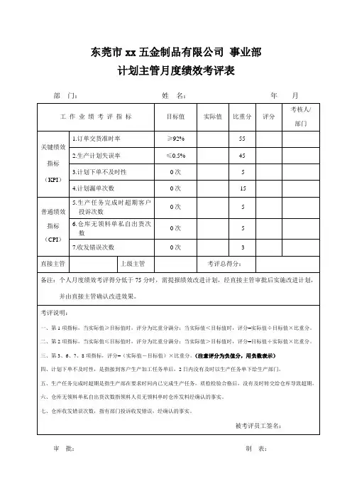 计划部主管绩效考核表