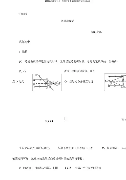160206浙教版科学七年级下册2.6透镜和视觉同步练习