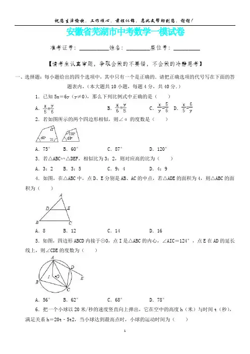 【新精品卷】安徽省芜湖市中考数学一模试卷(内含答案详析)