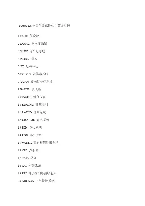 TOYOTA丰田车系保险丝中英文对照