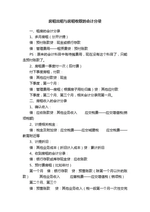 房租出租与房租收取的会计分录