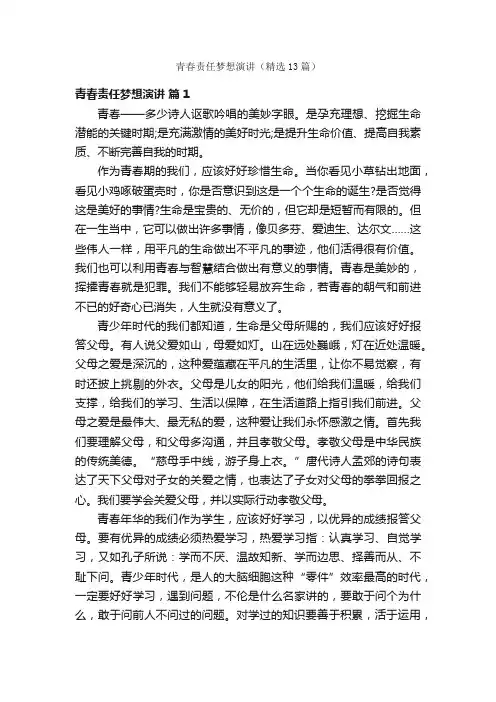 青春责任梦想演讲（精选13篇）