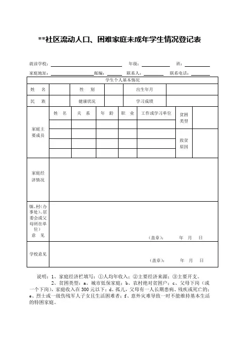 社区流动人口、困难家庭未成年学生登记表