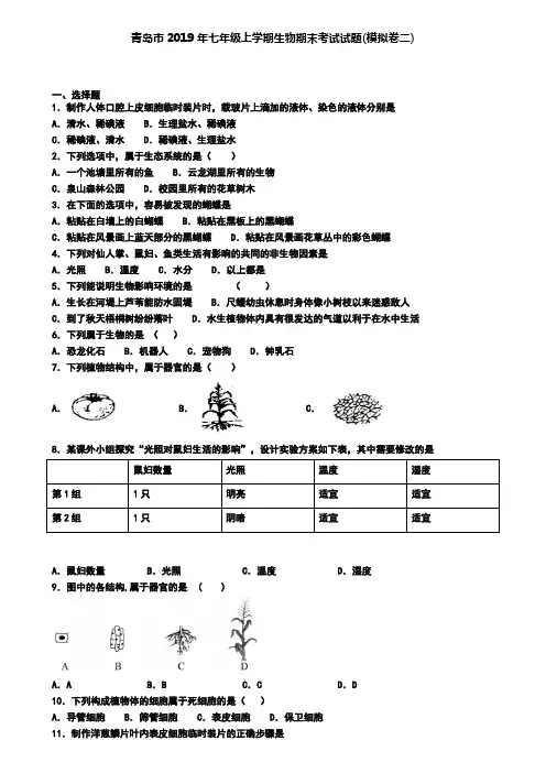 青岛市2019年七年级上学期生物期末考试试题(模拟卷二)