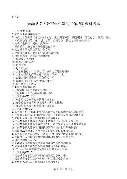 资助工作档案资料清单