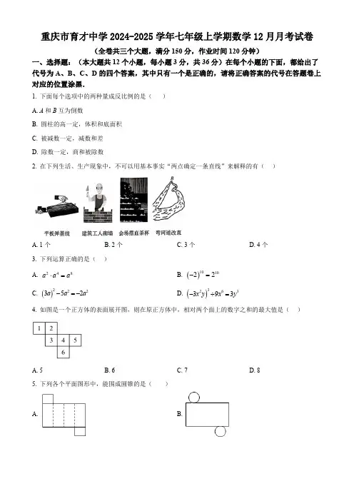 重庆市育才中学2024-2025学年七年级上学期数学12月月考试卷(含简单答案)