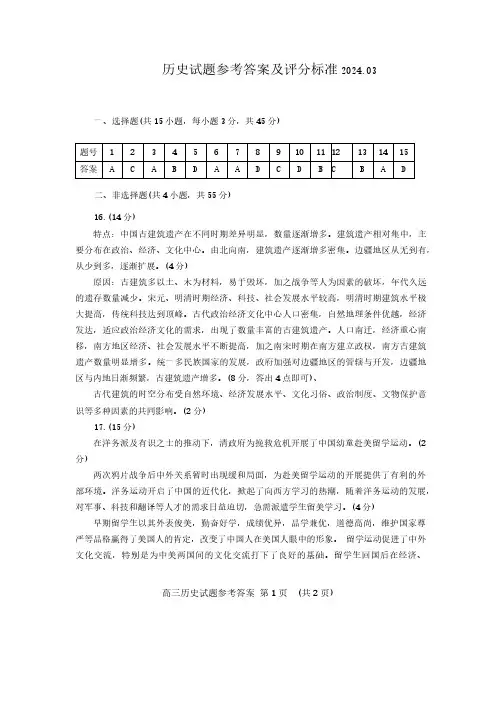 山东省泰安市2024年高三一轮检测(泰安一模)历史答案