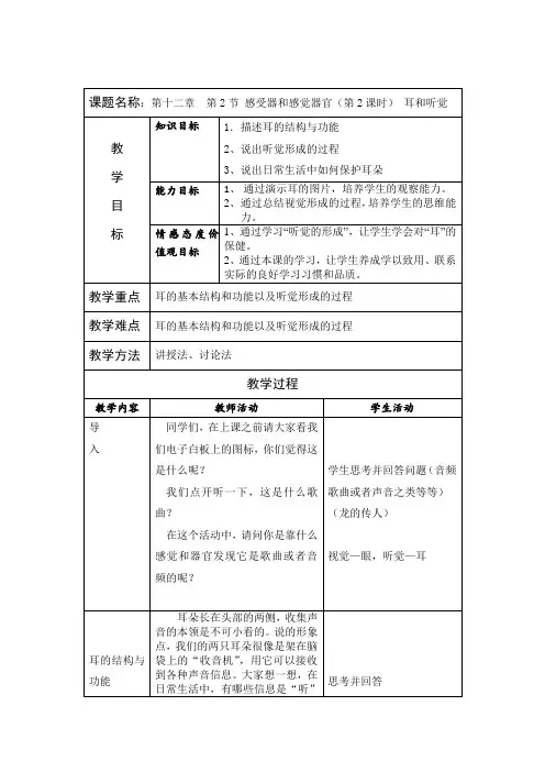 北师大版初中生物七年级下册教案-4.12.2 感受器和感觉器官17