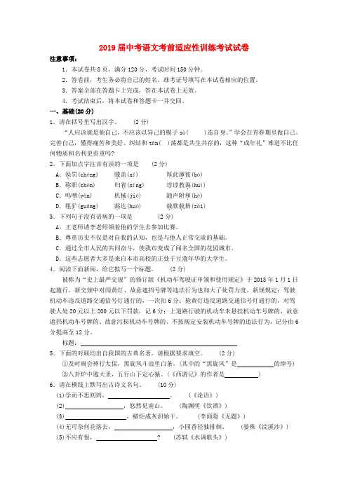 2019届中考语文考前适应性训练考试试卷