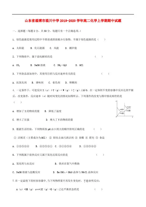 山东省淄博市淄川中学2019-2020学年高二化学上学期期中试题