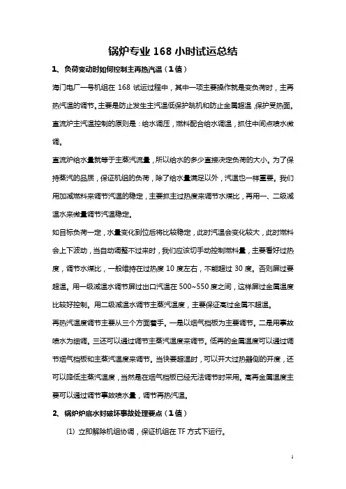 电厂锅炉专业168小时试运总结