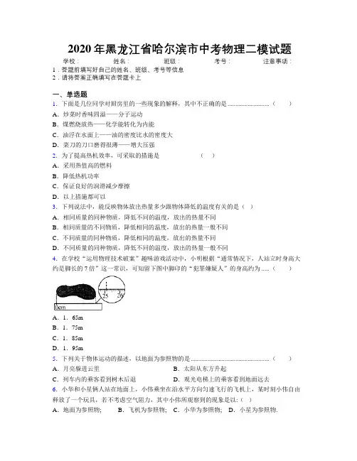 2020年黑龙江省哈尔滨市中考物理二模试题附解析
