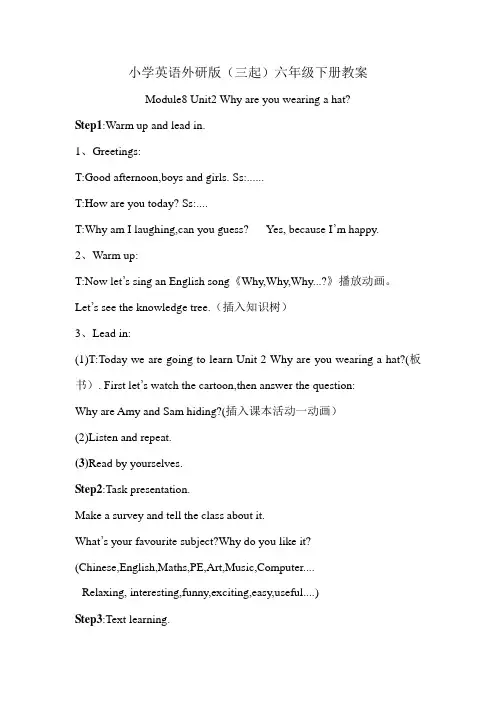 小学英语外研版(三起)六年级下册Module8Unit2Whyareyouwearingahat教案2