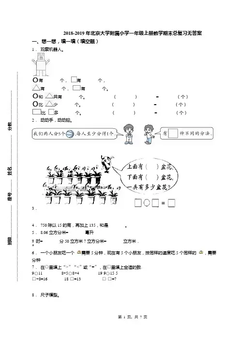 2018-2019年北京大学附属小学一年级上册数学期末总复习无答案(1)