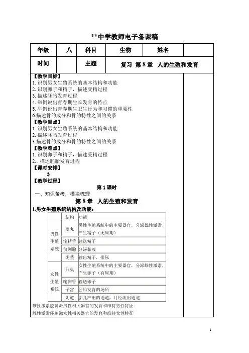 苏教版七年级下册生物中考复习教案