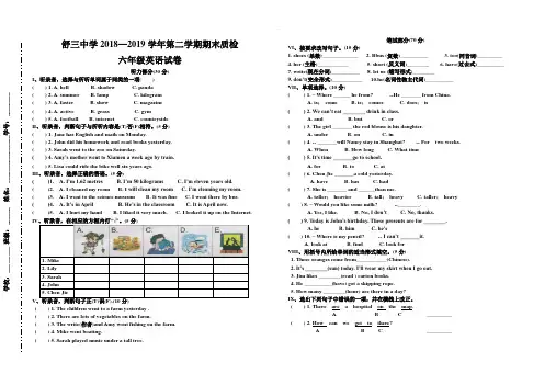 2018-2019学年度第二学期六年级英语期末试卷pep人教版