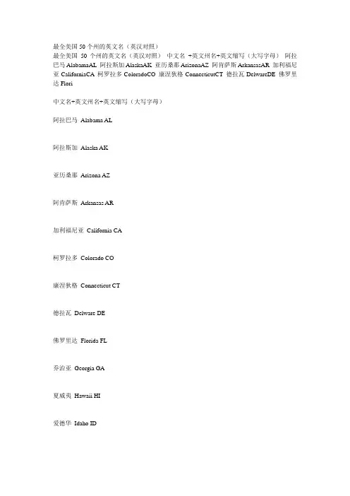 最全美国50个州的英文名