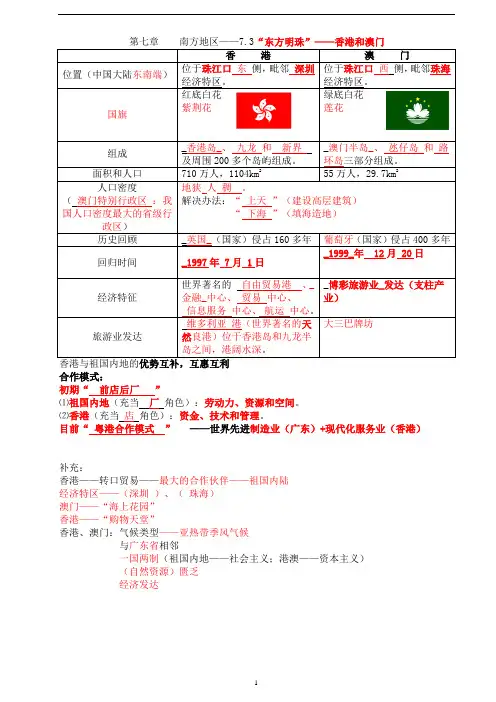 7.3“东方明珠”——香港和澳门知识点2021-2022学年人教版地理八年级下册
