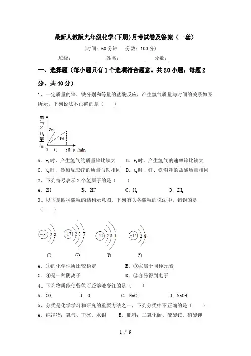 最新人教版九年级化学(下册)月考试卷及答案(一套)