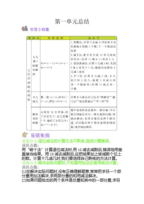 一年级数学下册《20以内的退位减法》知识锦囊及易错分析