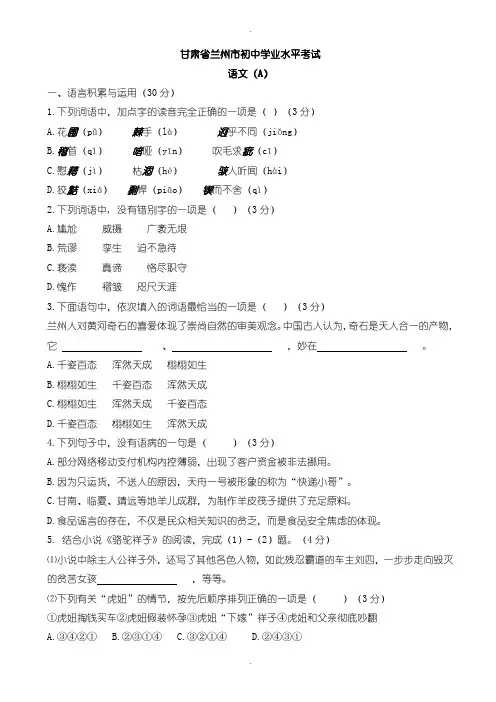 2020届中考模拟甘肃省兰州市中考语文模拟试卷(含参考答案)