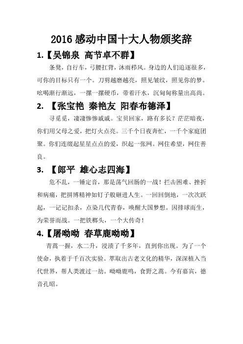 2016感动中国十大人物颁奖辞