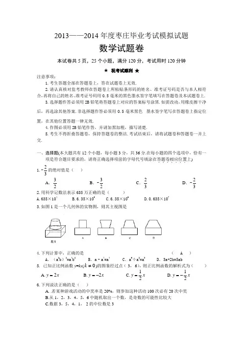 2014年山东省枣庄市中考模拟数学试题十