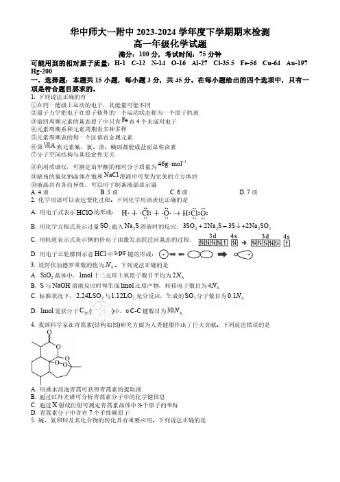 湖北省武汉市华中师大一附中2023-2024学年高一下学期期末考试化学试题 (含解析)