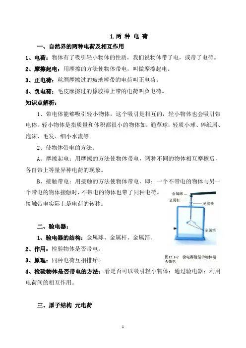 人教版九年级物理第十五章第一节：两种电荷 知识知识点 与例题解析