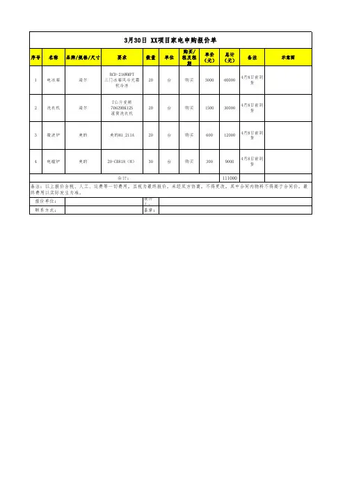 包装类物料报价单模板